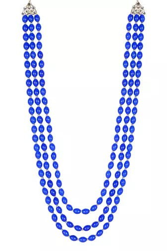 3 Layered Traditional Dulha Blue Moti Mala with Beaded Maharaja Haar/Groom Necklace