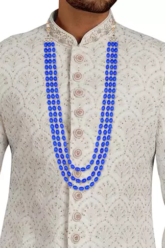 3 Layered Traditional Dulha Blue Moti Mala with Beaded Maharaja Haar/Groom Necklace
