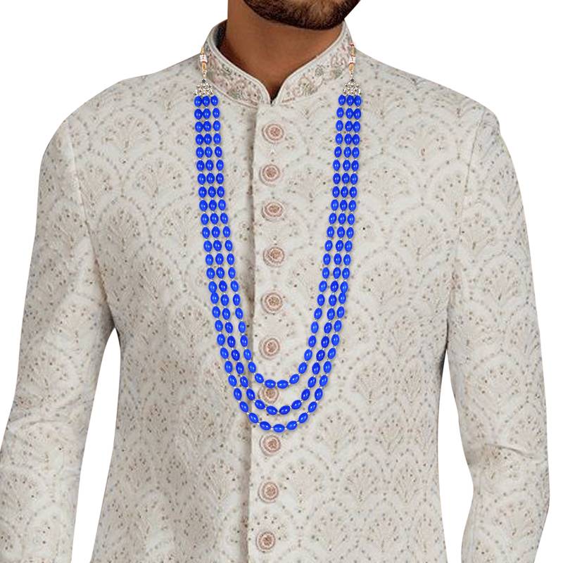 3 Layered Traditional Dulha Blue Moti Mala with Beaded Maharaja Haar/Groom Necklace