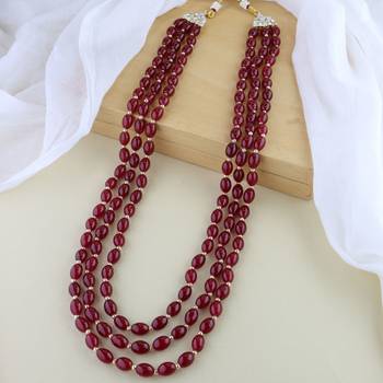 3 Layered Traditional Dulha Maroon Moti Mala with Beaded Maharaja Haar/Groom Necklace For Men 1