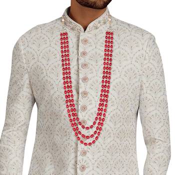 3 Layered Traditional Dulha Maroon Moti Mala with Beaded Maharaja Haar/Groom Necklace For Men 2