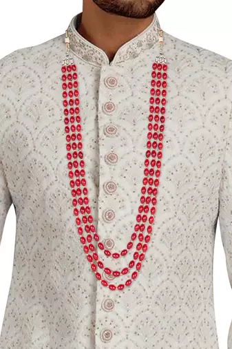 3 Layered Traditional Dulha Maroon Moti Mala with Beaded Maharaja Haar/Groom Necklace For Men