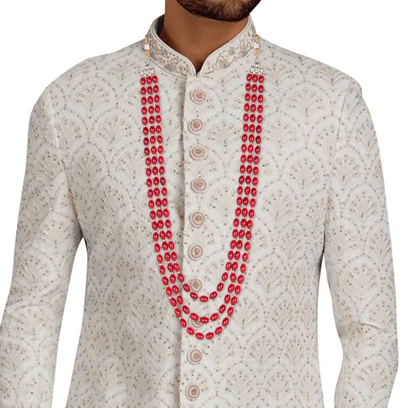 3 Layered Traditional Dulha Maroon Moti Mala with Beaded Maharaja Haar/Groom Necklace For Men
