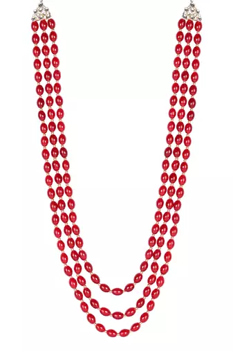 3 Layered Traditional Dulha Maroon Moti Mala with Beaded Maharaja Haar/Groom Necklace For Men