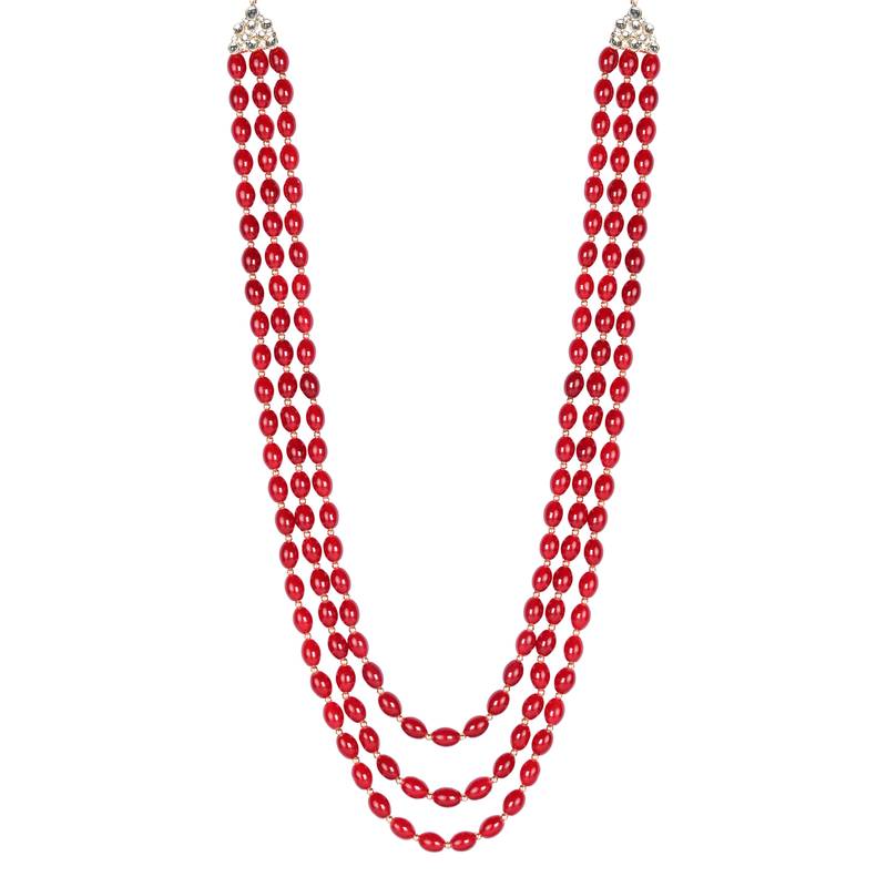 3 Layered Traditional Dulha Maroon Moti Mala with Beaded Maharaja Haar/Groom Necklace For Men