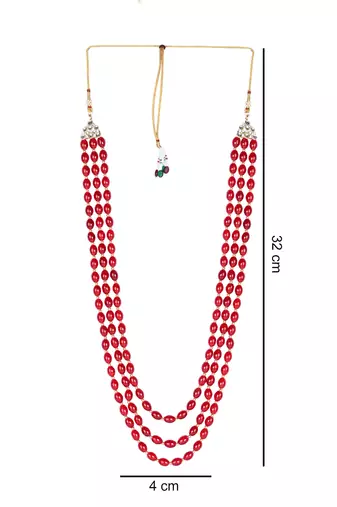 3 Layered Traditional Dulha Maroon Moti Mala with Beaded Maharaja Haar/Groom Necklace For Men