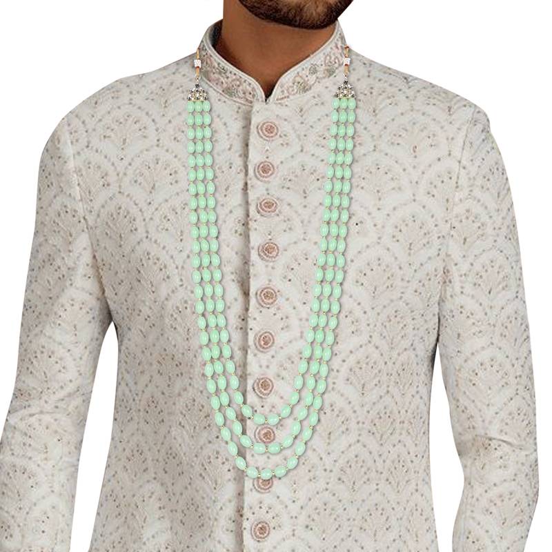 3 Layered Traditional Dulha Green Moti Mala with Beaded Maharaja Haar/Groom Necklace