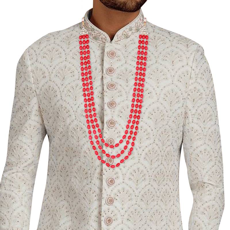 3 Layered Traditional Dulha Green Moti Mala with Beaded Maharaja Haar/Groom Necklace