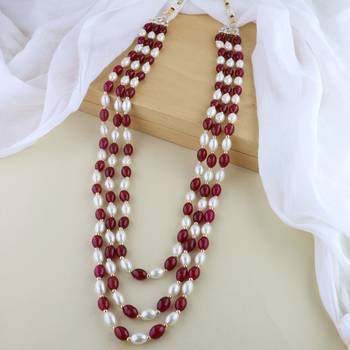 3 Layered Traditional Dulha White Maroon Moti Mala with Beaded Maharaja Haar/Groom Necklace 1