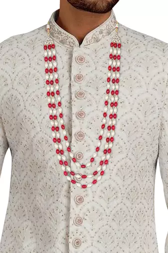 3 Layered Traditional Dulha White Maroon Moti Mala with Beaded Maharaja Haar/Groom Necklace