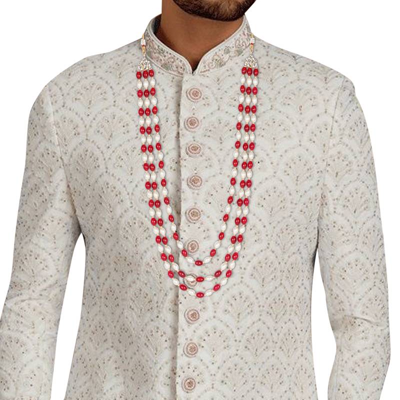 3 Layered Traditional Dulha White Maroon Moti Mala with Beaded Maharaja Haar/Groom Necklace