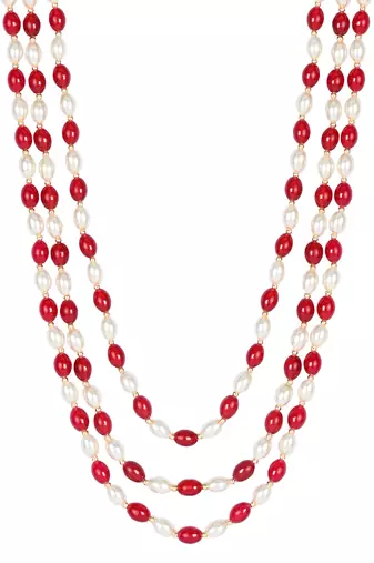 3 Layered Traditional Dulha White Maroon Moti Mala with Beaded Maharaja Haar/Groom Necklace