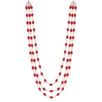3 Layered Traditional Dulha White Maroon Moti Mala with Beaded Maharaja Haar/Groom Necklace 4