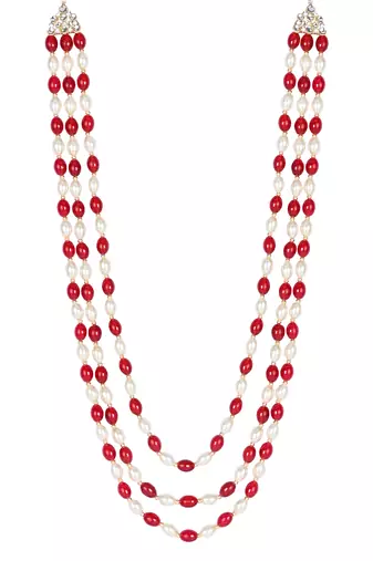 3 Layered Traditional Dulha White Maroon Moti Mala with Beaded Maharaja Haar/Groom Necklace