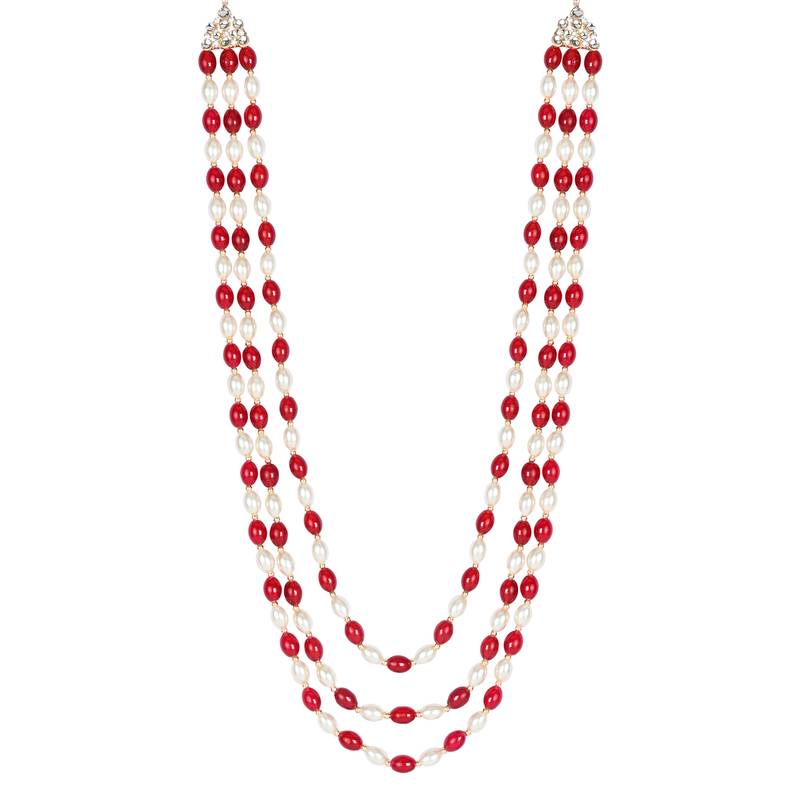 3 Layered Traditional Dulha White Maroon Moti Mala with Beaded Maharaja Haar/Groom Necklace