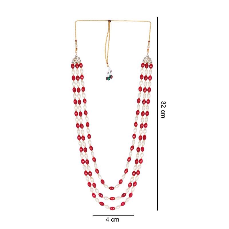 3 Layered Traditional Dulha White Maroon Moti Mala with Beaded Maharaja Haar/Groom Necklace