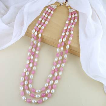 3 Layered Traditional Dulha Pink Beaded Moti Mala Maharaja Haar/Groom Necklace 1
