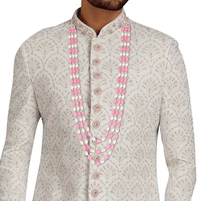 3 Layered Traditional Dulha Pink Beaded Moti Mala Maharaja Haar/Groom Necklace