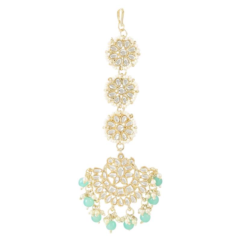 with Stunning Matte Finish Traditional Kundan & Faux Pearl Chandbali Earrings with Maang Tikka Set