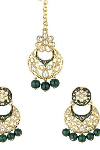 Traditional Kundan Pearl with Meena Work Earrings with Maang Tikka Set
