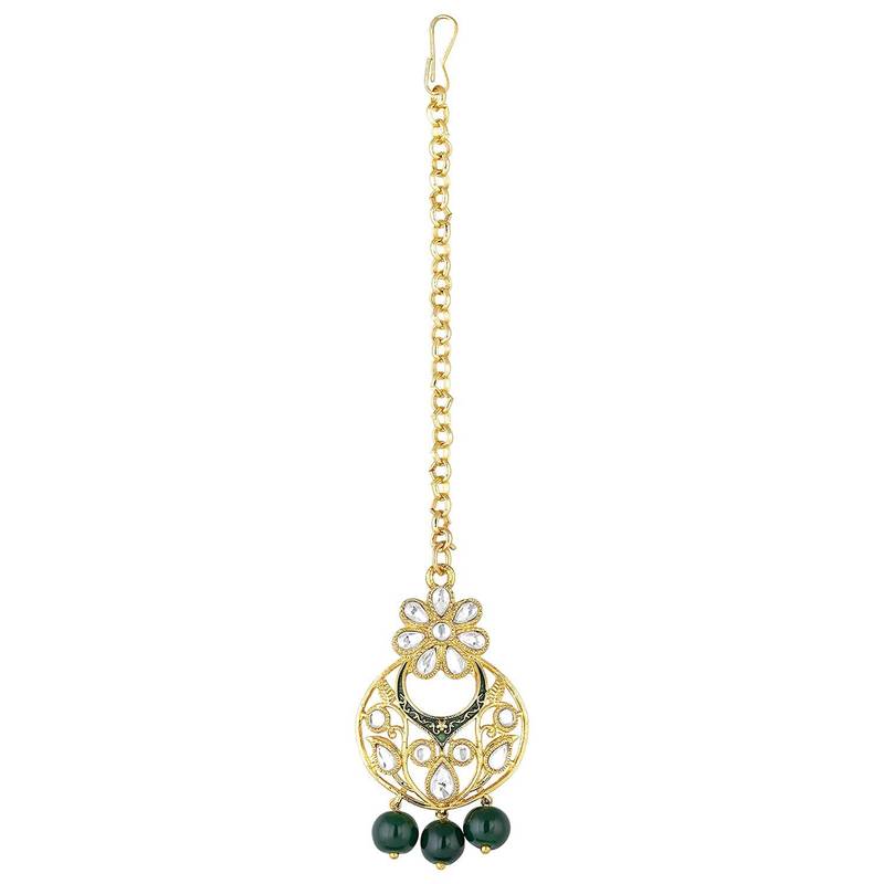 Traditional Kundan Pearl with Meena Work Earrings with Maang Tikka Set