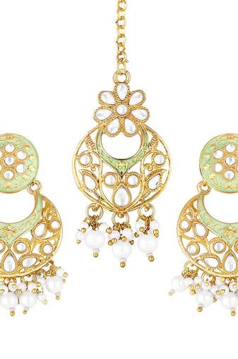 Traditional Kundan Pearl with Meena Work Earrings with Maang Tikka Set