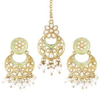 Traditional Kundan Pearl with Meena Work Earrings with Maang Tikka Set 1