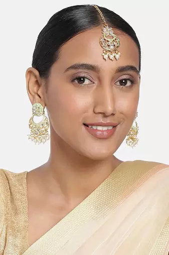 Traditional Kundan Pearl with Meena Work Earrings with Maang Tikka Set