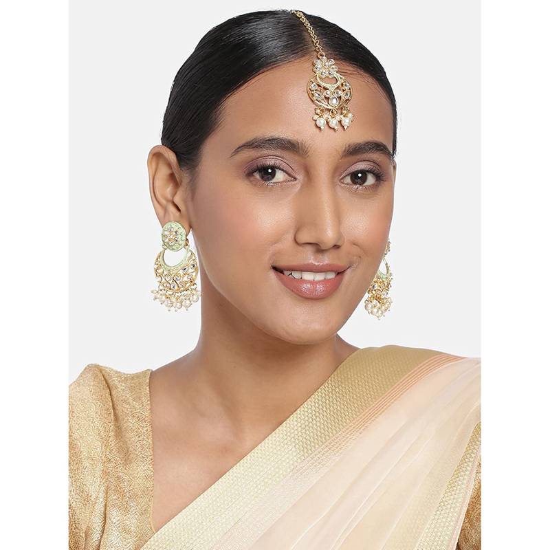 Traditional Kundan Pearl with Meena Work Earrings with Maang Tikka Set