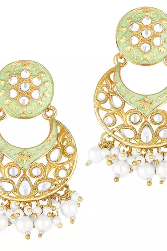 Traditional Kundan Pearl with Meena Work Earrings with Maang Tikka Set