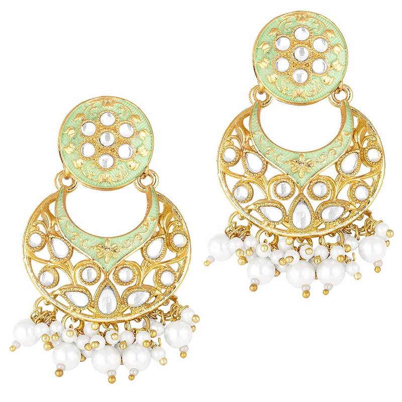 Traditional Kundan Pearl with Meena Work Earrings with Maang Tikka Set