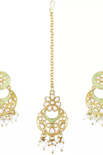 Traditional Kundan Pearl with Meena Work Earrings with Maang Tikka Set