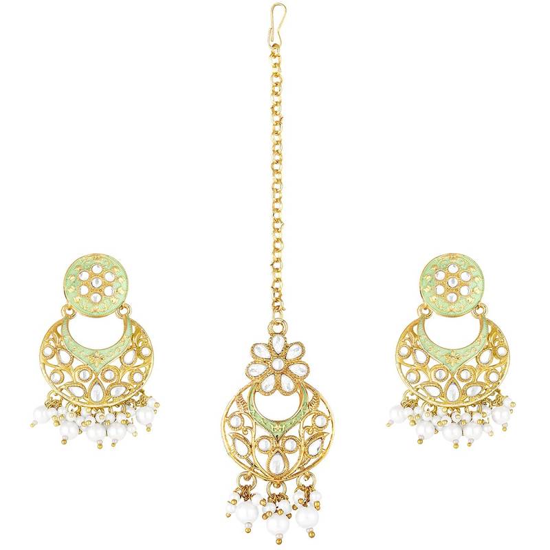 Traditional Kundan Pearl with Meena Work Earrings with Maang Tikka Set