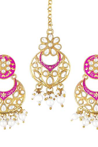 Traditional Kundan Pearl with Meena Work Earrings with Maang Tikka Set