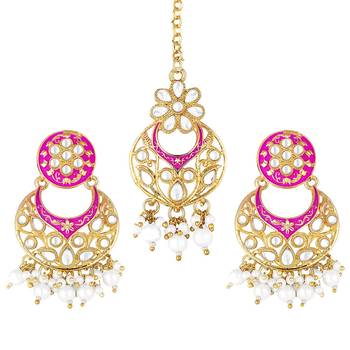 Traditional Kundan Pearl with Meena Work Earrings with Maang Tikka Set 1