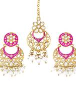 Traditional Kundan Pearl with Meena Work Earrings with Maang Tikka Set