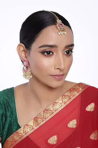 Traditional Kundan Pearl with Meena Work Earrings with Maang Tikka Set