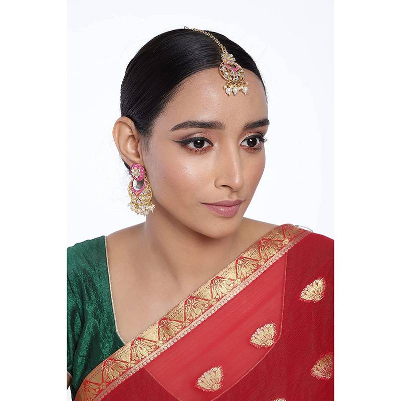 Traditional Kundan Pearl with Meena Work Earrings with Maang Tikka Set