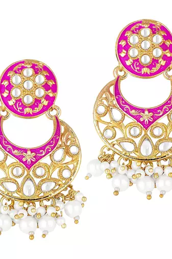 Traditional Kundan Pearl with Meena Work Earrings with Maang Tikka Set