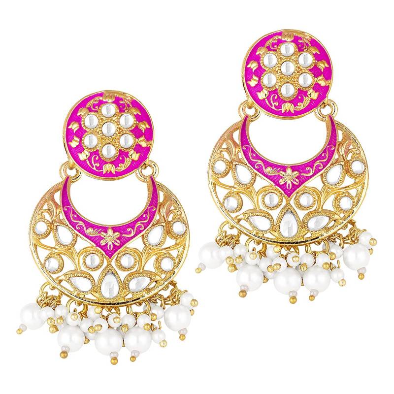 Traditional Kundan Pearl with Meena Work Earrings with Maang Tikka Set