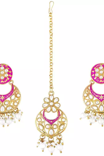 Traditional Kundan Pearl with Meena Work Earrings with Maang Tikka Set