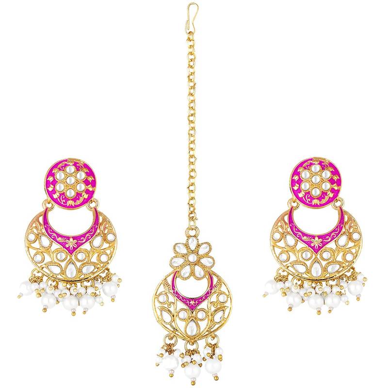 Traditional Kundan Pearl with Meena Work Earrings with Maang Tikka Set