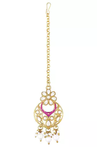 Traditional Kundan Pearl with Meena Work Earrings with Maang Tikka Set