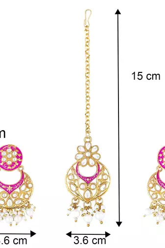 Traditional Kundan Pearl with Meena Work Earrings with Maang Tikka Set