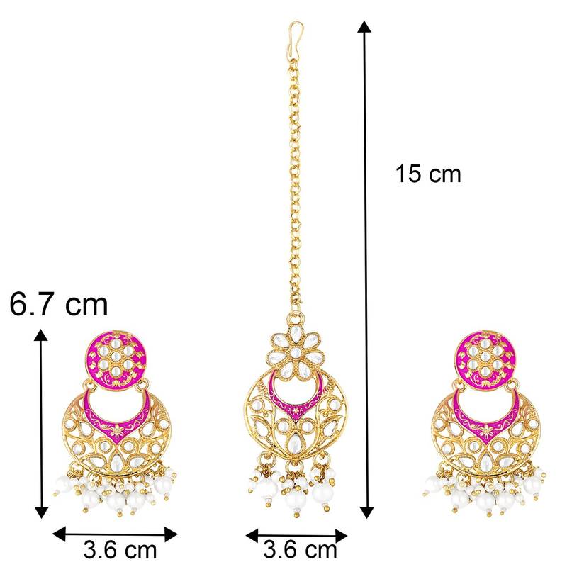 Traditional Kundan Pearl with Meena Work Earrings with Maang Tikka Set