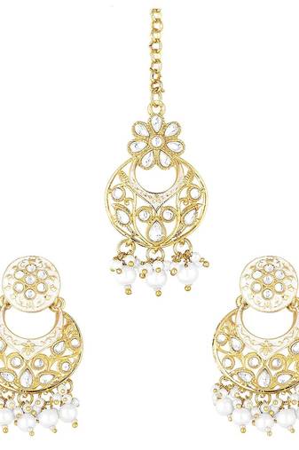 Traditional Kundan Pearl with Meena Work Earrings with Maang Tikka Set