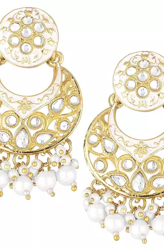 Traditional Kundan Pearl with Meena Work Earrings with Maang Tikka Set
