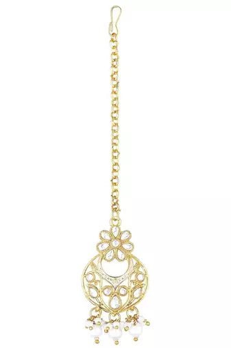 Traditional Kundan Pearl with Meena Work Earrings with Maang Tikka Set