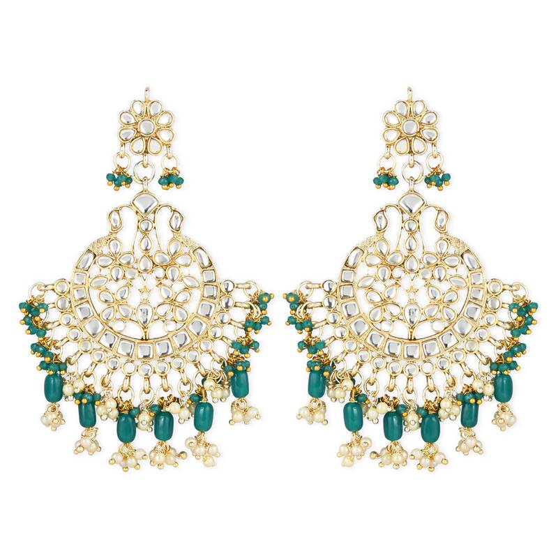 Traditional Big Kundan & Pearl Chandbali Earrings with Maang Tikka Set