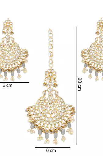 Traditional Big Kundan & Pearl Chandbali Earrings with Maang Tikka Set